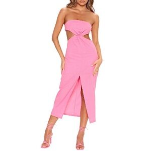 Pink Linen Strapless Bodycon Midi Dress w/ Front Slit Size M